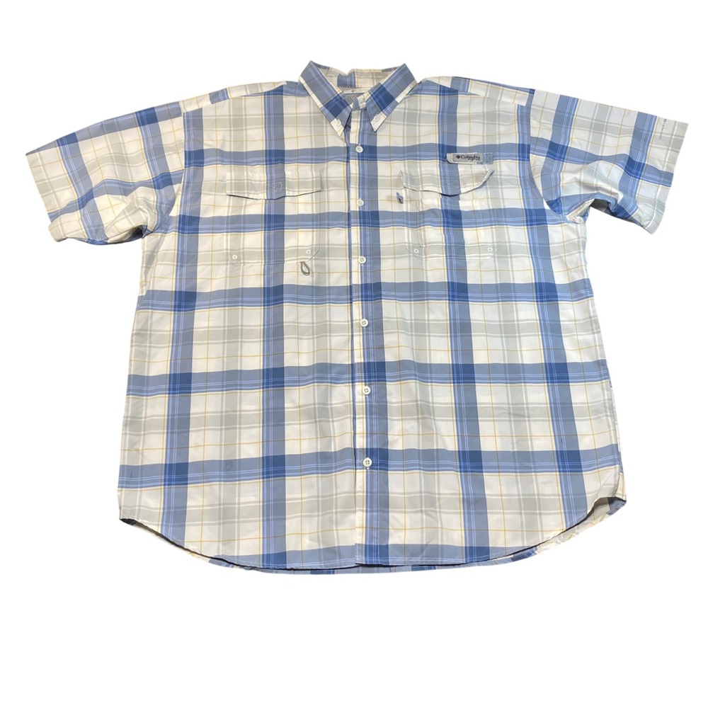 Columbia PFG Mens XL Blue Plaid Short Sleeve Fishing‎ Shirt Vented Button Down
